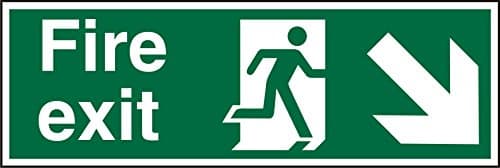 Image of Seco Fire Exit - Fire Exit, Man Running Right, Arrow Pointing Down & Right Sign, 450mm x 150mm - Self Adhesive Vinyl