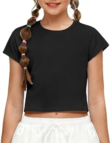Image of Arshiner Girls T-Shirts Black Round Neck Short Sleeve Solid Color Casual Sports Tees Children Summer Shirts Casual Basic T-Shirt Tops Girls Clothing 5-6 Years