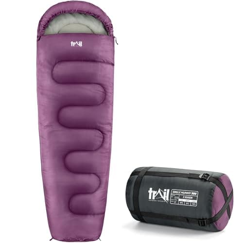 Image of Trail Mummy Sleeping Bag For Adults, Single 3 Season Spring Autumn Winter, 300gsm, Waterproof, Outdoor Camping, Internal Pockets, Lightweight Compression Bag