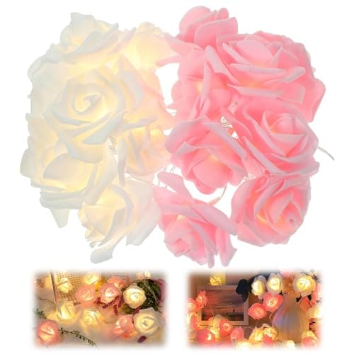 Image of Pink and White Rose LED String Lights, 3 Meter 20 LED Strings Lights, Artificial Rose Garland Light, Battery Operated LED String Lights, Waterproof Outdoor Fairy Lights for Indoor Outdoor Decoration