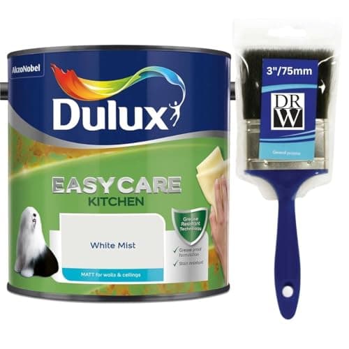 Image of White Mist Dulux Easycare Kitchen Matt Emulsion Paint 2.5L + 3" Emulsion Paint Brush – Grease & Stain Resistant, Washable Matt Finish, Durable Interior Paint for Kitchen Walls & Ceilings