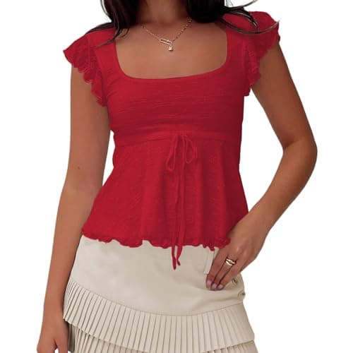 Image of Women Lace Babydoll Top Floral Lace Ruffle Sleeve Flowy Peplum Tank Top Y2k Vintage Coquette Shirts (Red, L)