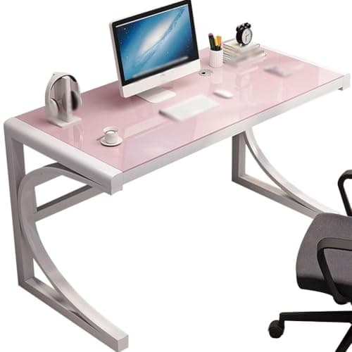 Image of C-Shaped Office Desk For Home - Tempered Glass Study Table With Cable Management Holes, Gaming Desk Easy To Clean & Assemble(Pink,120 * 60 * 75cm)