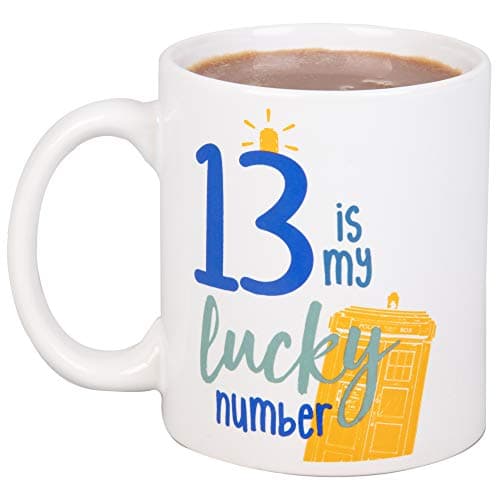 Image of Doctor Who Ceramic Mug, 11 oz - 13 Is My Lucky Number - 13th Dr. & TARDIS Design - Officially Licensed - Gift for Teens, Adults, Men & Women, Father's Day - Ceramic
