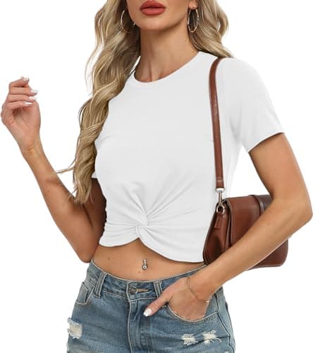 Image of IWOLLENCE Slim Fit Crop Tops for Women Twist Front Y2K Short Sleeve Crew Neck Summer Casual Basics T-Shirt (White, M)