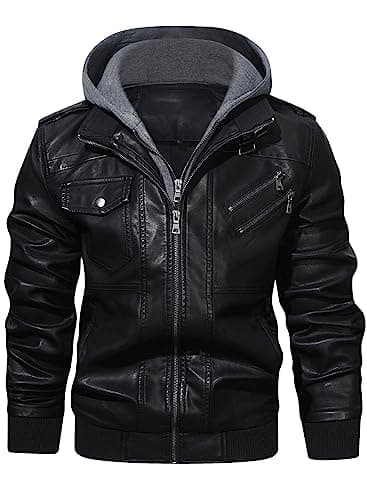 Image of HOOD CREW Men’s PU Faux Leather Motorcycle Bomber Jacket With a Removable Hood Black XXL