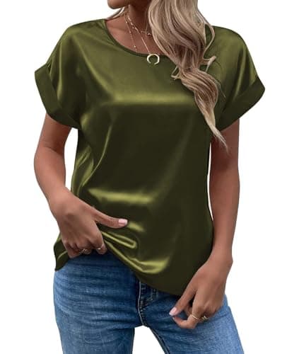 Image of MINTLIMIT Womens Short Sleeve Satin Silk Blouse Rolled Round Neck Summer Casual Office Work Shirt 2024, Army Green