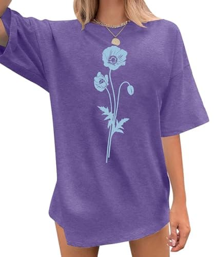 Image of tiorhooe Oversized T Shirts for Women Graphic T Shirt Ladies Summer Casual Loose Short Sleeve Top (Purple1,M)