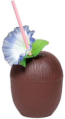 Image of Quickdraw Coconut Cup with Paper Straw Hawaiian Beach Tropical Luau Hula Tiki Party