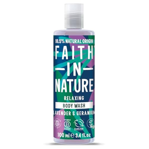 Image of Faith In Nature 100ml Travel Size Lavender and Geranium Body Wash, Relaxing Shower Gel, Vegan and Cruelty Free, No SLS or Parabens