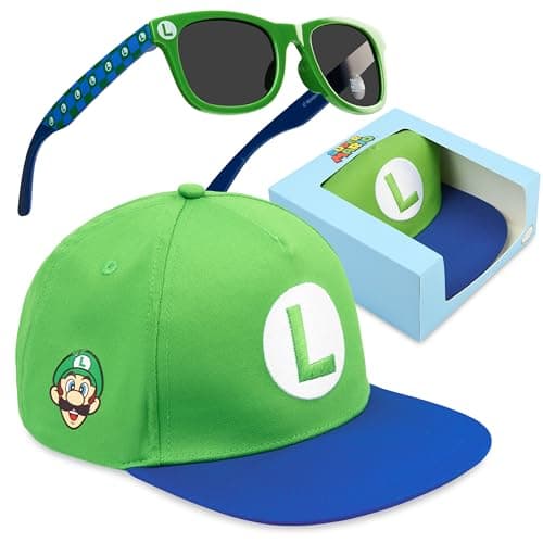 Image of Get Trend Super Mario Baseball Cap Sunglasses Set for Boys, Adjustable Sun Hat 100% UV Shades, Kids Holiday Essentials, Gaming Gifts (Green Super Mario)