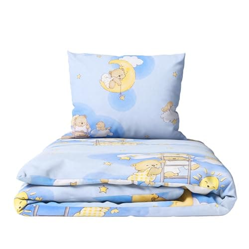 Image of Baby Comfort 2-Piece Toddler Duvet & Pillow Set - 120x90 cm - 100% Cotton Breathable Fabric - Machine Washable Quilted Bedding for Cot Bed 12M+ (Ladders Blue)