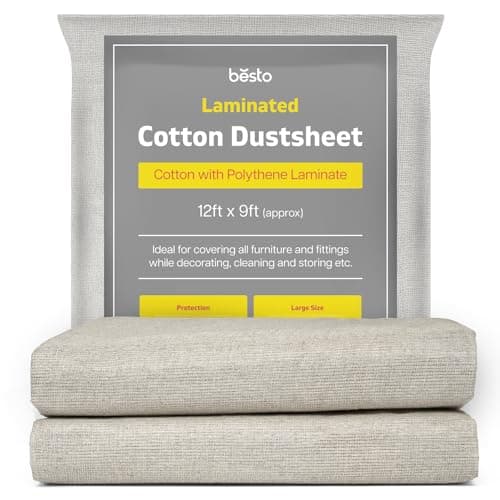 Image of Pack of 2 Laminated Cotton Dust Sheets for Decorating, Waterproof 12ft x 9ft Dust Sheets Twill Laminated Polythene Backed Reusable Paint Sheets for Furniture, Floor, Staircase and DIY Projects