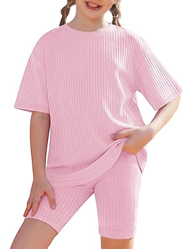 Image of Arshiner Girls 2 Piece Summer Outfits Short Sleeve Ribbed Knit Drop Shoulder T-Shirt and Shorts Set Soft Stretchy Casual Clothes Ages 12-13