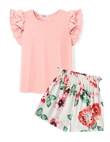 Image of Arshiner Girls Short Sleeve Clothing Sets Pink Round Neck T-Shirt Shorts Kids Outfits Summer Set Leisure Suit Fashion Two Piece Cotton Children's Clothes with Pockets 6-7 Years