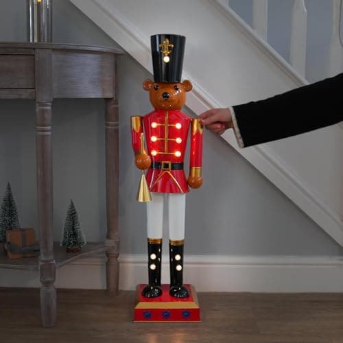 Image of Festive Lights - 80cm Battery Powered Traditional Style Red & White InLit LED Hand-Painted Metal Teddy Nutcracker Christmas Figure