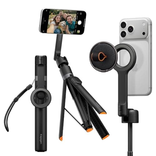 Image of Spigen S582W Dual MagSafe 66" Extendable Tripod Selfie Stick for iPhone, 360° Rotating Head Bluetooth 5.0 Remote, One Push Opening Magnetic MagFit Phone Stand, Universal metal ring included - Black