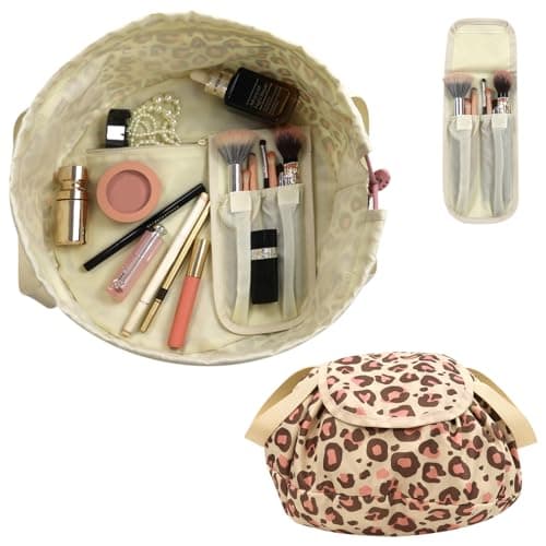 Image of Drawstring Cosmetic Bag for Women - Barrel Drawstring Makeup Bag Lay Flat for Travel Toiletry Bag with Brush Bag (Pink Leopard)