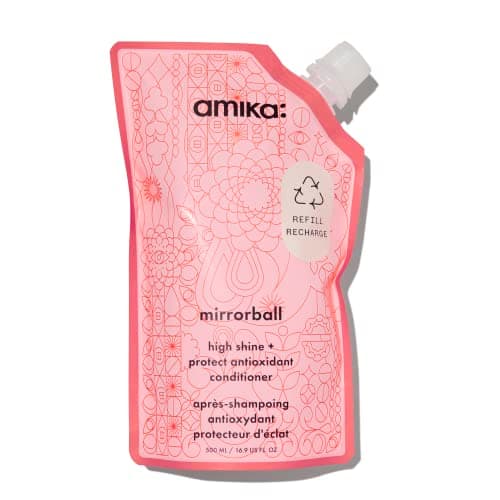 Image of amika mirrorball high shine + protect hair conditioner - boosts shine + removes pollution buildup - smooths + softens strands - antioxidant-rich hair care with grape leaf + sea buckthorn (500 ml)