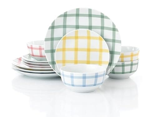 Image of Waterside 12pc Porcelain Dinner Set, Gingham Pastels; 4 Dinner Plates, Side Plates and Deep Bowls - Dishwasher & Microwave Safe