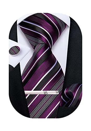 Image of DiBanGu Men's Necktie Plain Silk Woven Striped Plaids Tie Handkerchief Cufflink Tie Clip Set Formal Business Wedding (Purple Stripe)