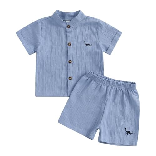 Image of M9ppzzur7 Toddler Baby Boys Summer Outfits Dinosaur Embroidery Button Closure Short Sleeves T-Shirt Elastic Casual Shorts Set 2 Piece Clothes (Blue, 12-18 Months)