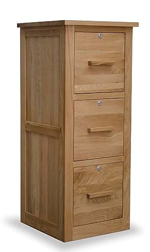 Image of Ramece Arden Solid Oak Three Drawer Filing Cabinet - Home Office Furniture - Solid Wood Lockable Storage Drawers For Suspension Files - Fully Assembled - 109 x 46 x 45 cm