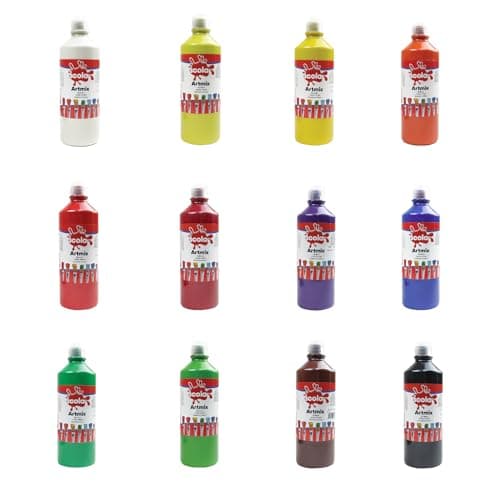 Image of Scola Readymix Water Based Tempera Paint, 12 Assorted Bright Colours, 600ml Bottles, Safe Non-Toxic Poster Paints, Craft Projects, Suitable for 3+
