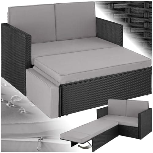 Image of tectake® Rattan Garden Furniture Set - UV-Resistant 2 Seater Sofa & Stool with Steel Frame, Thick, Water-Repellent & Washable Cushions, Easy Setup - Outdoor Furniture for Garden & Patio - Black/Grey