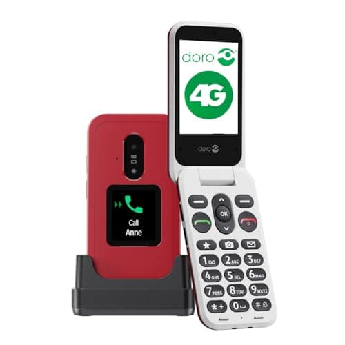 Image of Doro Leva E30-4G Flip Phone for Elderly - Large 2.8" Screen, External Display, High Contrast Keys, Loud & Clear Sound, Camera Secure Button - Charging Cradle Included - Red/White