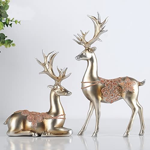 Image of Holiday Reindeer Decor - Deer Figurine Set of 2, Standing and Sitting Reindeer Resin Sculpture, Christmas Home Decoration, Silver