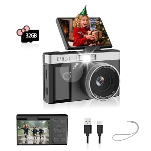 Image of Kids Digital Camera with 180° Flip Screen, 32GB Memory Card, 1080P HD Pocket Compact Cameras, Educational Games Digital Cameras, Ideal Vlogging Camera Gifts for Children Boys Girls(Black)
