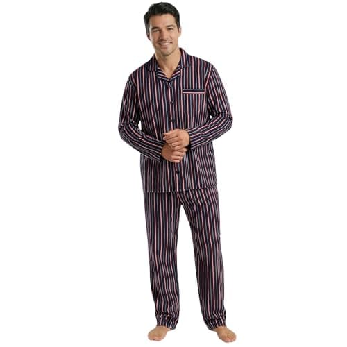 Image of INSIGNIA Men’s Flannel Pyjama Set, 100% Cotton Traditional Button-Front Nightwear with Elasticated Waist Trousers (UK, Alpha, M, Regular, Regular, Multi Stripe)
