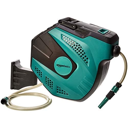 Image of Amazon Basics Auto-Rewindable Hozelock Wall-Mounted Hose Reel, 25 m, Black and Green