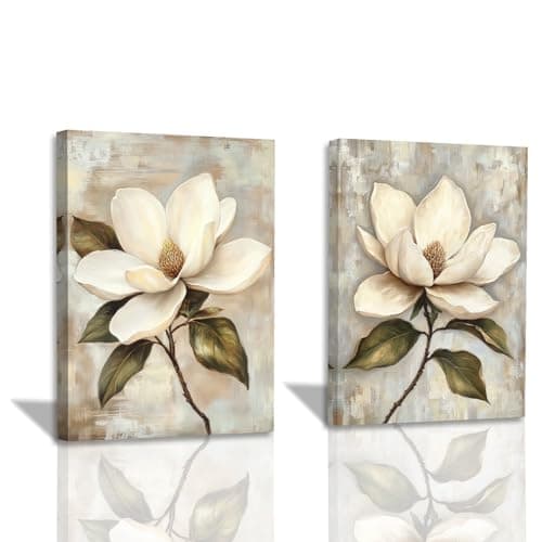 Image of ZXHYWYM Magnolia Pictures Wall Decor Set of 2 Vintage Floral Canvas Painting Magnolia Prints White Flower Botanical Artwork Bedroom Bathroom Decor Framed (White, (30x40cmx2 Pieces))