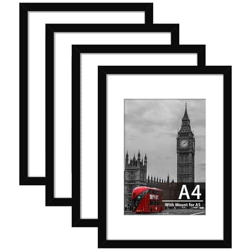 Image of Tinkeps 4 Pack A4 Black Picture Frame, Engineered Wood and Plexiglass, A4 Frame with Mount for A5 Prints, Photos, and Posters, Tabletop and Wall Mountable