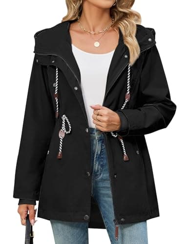 Image of CMTOP Jackets For Women Casual Hooded Softshell Jacket Drawstring Zip Up Parka Lightweight Outdoor Windbreaker with Pockets Windproof Transition Coats for Spring Fall(Black, S)