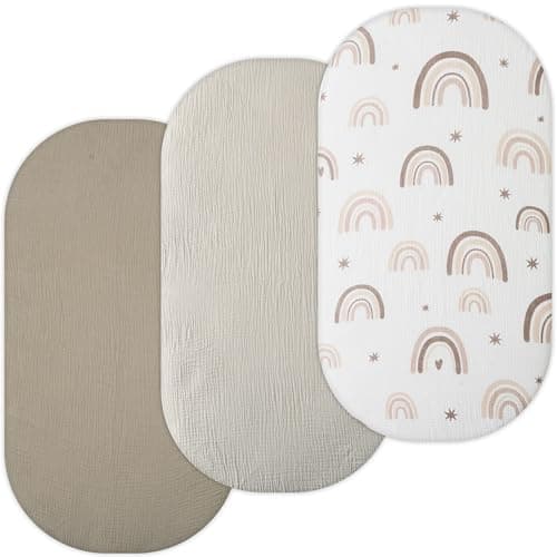 Image of TansyPanda Muslin Bassinet Sheets for Munchkin Brica, 4moms MamaRoo, Nordmiex, Snoo Bassinet, Pack 3, 18 x 30 in, Ultra Soft, Breathable, Snug Fit, Unisex Boys and Girls, Green Rainbow