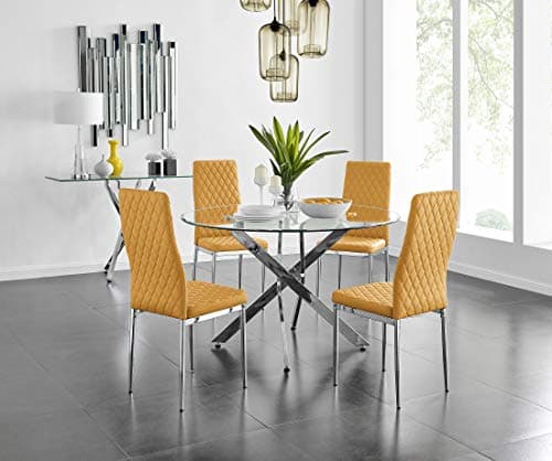 Image of Furniturebox UK Novara Modern Stylish Large Round Chrome Metal and Clear Glass Table and 4/6 Contemporary Milan Dining Chairs Set (Table + Mustard Milan Chairs, 4 Chairs)