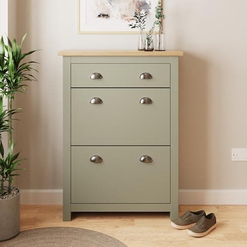 Image of GFW Lancaster Wooden Storage Organiser Cupboard with Drawer, Stores Up to 12 Shoes (Size 10). Slim Entryway Cabinets for Home Hallway, Bedroom & Hall, Oak, Sage Green, H-108cm x W-78cm x D-24cm