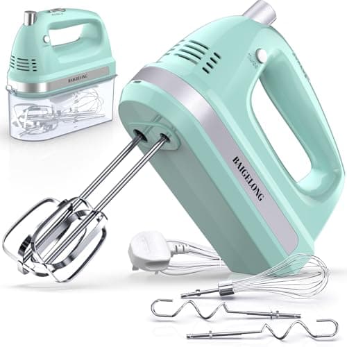 Image of BAIGELONG Hand Electric Mixer, 300W Ultra Power Food Kitchen Mixer with 5 Self-Control Speeds + Turbo Boost, 5 Stainless Steel Attachments Handheld Blender for Baking, GREEN