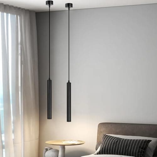 Image of HOTUT Modern COB LED Cylinder Pendant Light,2pcs COB Patch Cylindrical Long Tube Chandelier,Cylinder Ceiling Pendant Lighting,Black Cylinder Chandelier,Hanging Bedside Lights for Bedroom Kitchen Bar
