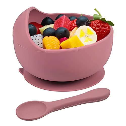 Image of Hoseay Baby Feeding Bowls Spoons,Silicone Toddler Weaning Set with Suction Bowl BPA Free Children Tableware Eating Bowl Baby Boys Girls,Easy Clean Kids Meal Set Microwave Dishwasher Safe,Pink Purple