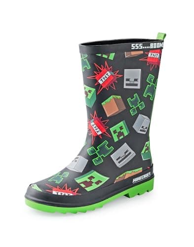 Image of Minecraft Boys Wellington Boots | Kids Wellies with Creeper & Skeleton Character Face and TNT Block Graphic Print in Black | Water Resistant Rubber Boots for Children | Mojang Game Merchandise Gift