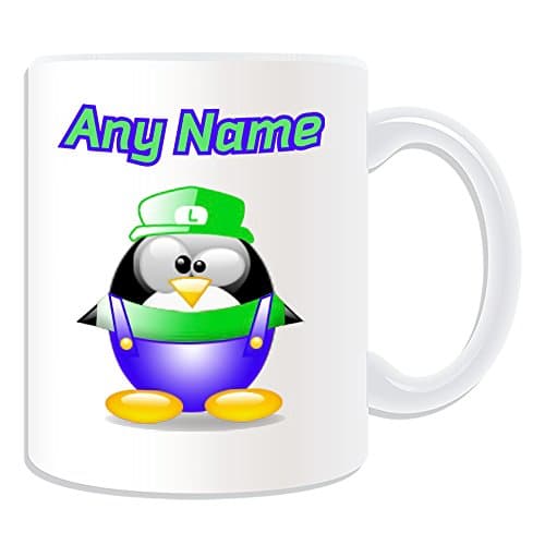 Image of Personalised Gift - Silly Luigi Mug (Penguin Video Game Character Costume Design White) Name Message Unique Silly Funny Novelty Superhero Hero Super Computer RPG Jumpman Bros Yoshi Mario Plumber