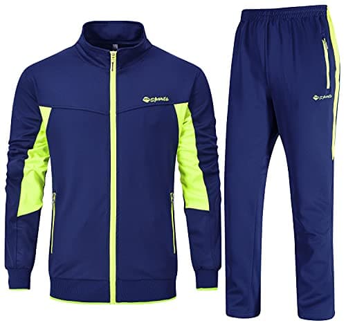 Image of Rdruko Mens Tracksuits Sets Running Jackets Joggers 2 Piece Casual Sweatsuits Sports Lounge Wear Fluorescent Green and Royal Blue XXL