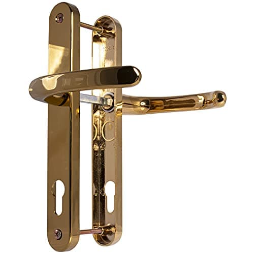 Image of UPVC Door Handles - Polished Brass - Lever/Lever - 92mm PZ (Centres) - 210mm Screw to Screw - Backplate 242mm X 34mm - UPVC Door Handle - External Door Handle - Polished Brass Replacement Handles