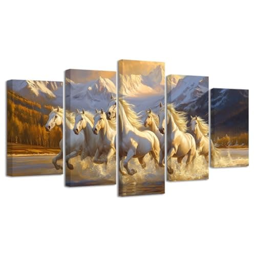 Image of LZIMU Horse Pictures Wall Decor 7 Running Horses Canvas Wall Art 5 Picecs Lucky Horses Wild Animals Poster Print for Bedroom Living Room Decor Framed (White, 8x14inx2 8x18inx2 8x22inx1)