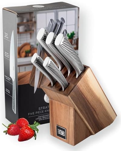 Image of Taylors Eye Witness 5 Piece Knife Block Set – Razor Sharp Full Metal Kitchen Knives with Stylish Acacia Wood Storage. Stainless Steel Precision, Durable, Includes Paring, Chef, Bread & Carving Knives