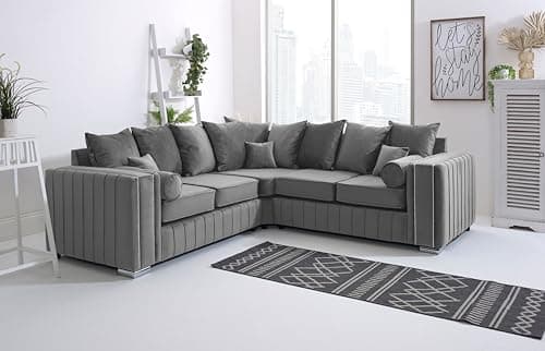 Image of Sofahub Layla Grey Plush Velvet 5 Seater Corner Scatterback Sofa | Upholstered L Shaped Couch with Foam Cushions Button Detail Arms & Chrome Feet | Living Room Sofa